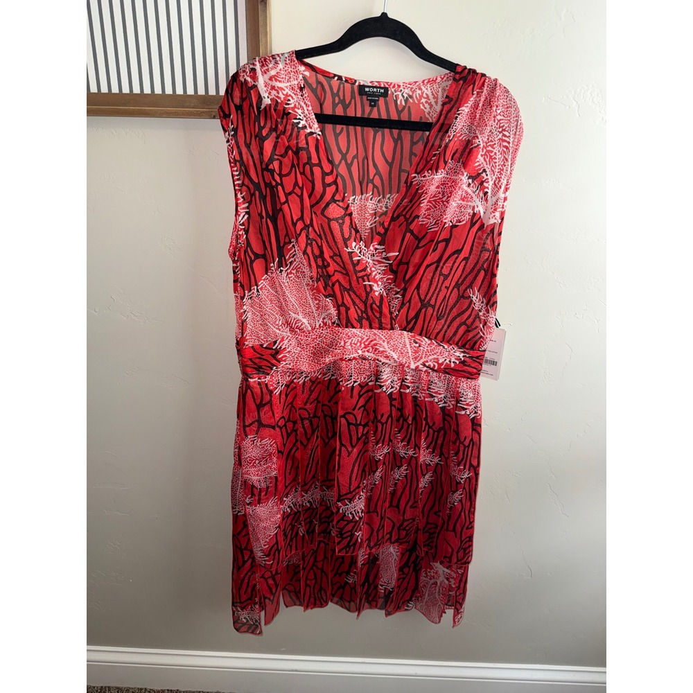 Worth New York Silk Coral Print Tiered Ruffle V-Neck Dress Red 14